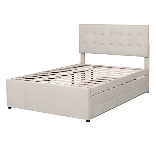 Kehun Polsterbett Doppelbett 140x200 mit Ausziehbarem Bett für 3 Personen, Familienbett mit 3 Stauraum Schublade und Lattenrost aus Holz, Verstellbares Kopfteil, Leinen, Beige, ohne Matratze – Bild 5