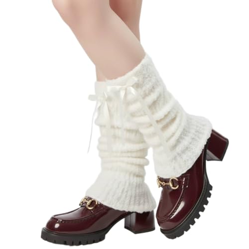 FUFUFARYA Fuzzy Leg Warmers for Women Girls Cute Bow Y2K Leg Sleeve Socks for Boots Winter White Soft Fluffy Ankle Wamers