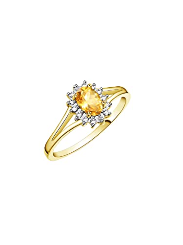 Image of Rylos Halo Ring: Diamond Birthstone with 6X4MM Oval Gemstone - Women's Jewelry in Yellow Gold Plated Silver - Stunning Diamond Ring Sizes 5-10