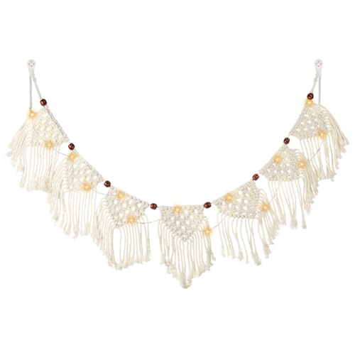 AOOHA Makramee Wandbehang Boho Deko Makramee Wandbehang Handgewebt mit 3M LED Lichterkette Gewebte Wanddeko Dekoration mit 7 Flaggen für Wohnzimmer Schlafzimmer Hochzeit Party