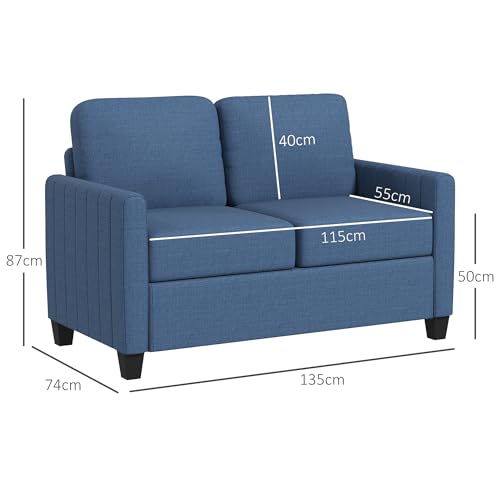 HOMCOM 2 Seater Sofa, Channel Tufted Modern Fabric Couch, Comfy Upholstered Small Sofa Loveseat with Spring Cushion, Back Pillow, for Living Room, Bedroom, Office, Blue - Image 3