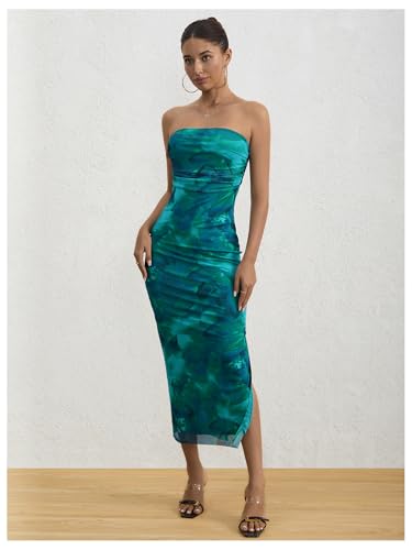 Milumia Women's Printed Strapless Tube Top Maxi Dress Slit Hem Sleeveless Bodycon Wedding Guest Party Long Dresses3