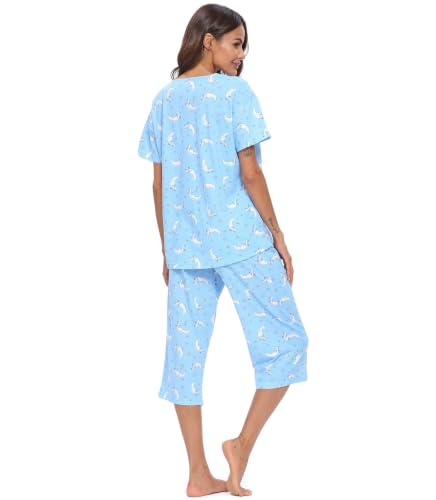 Image of ENJOYNIGHT Womens Pajama Sets Cotton Pj Set Short Sleeve Top With Capri Pants Sleepwear 2 Piece Lounge Set