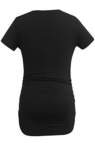 Smallshow Women's V Neck Maternity Clothes Tops Side Ruched Pregnancy T Shirt Medium Black-Light Grey-White Stripe #TOP5