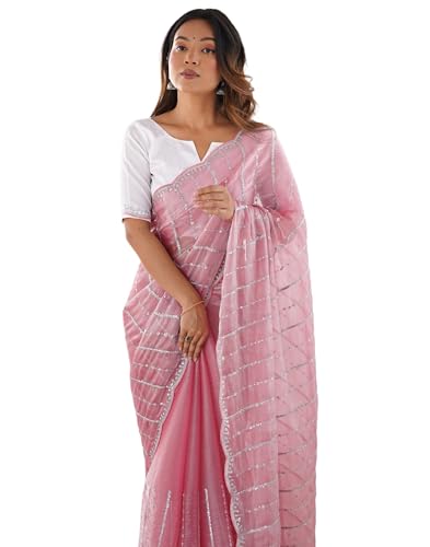 Image of SIRIL Women's Shimmer Chiffon Sequence Embroidery Saree With Unstitched Blouse Piece for Wedding and Parties