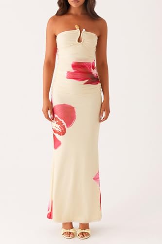 Image of Cut Out Maxi Tube Dresses for Women Sexy Y2k Strapless Backless Bodycon Long Dress Summer Sleeveless Hollow Sundress