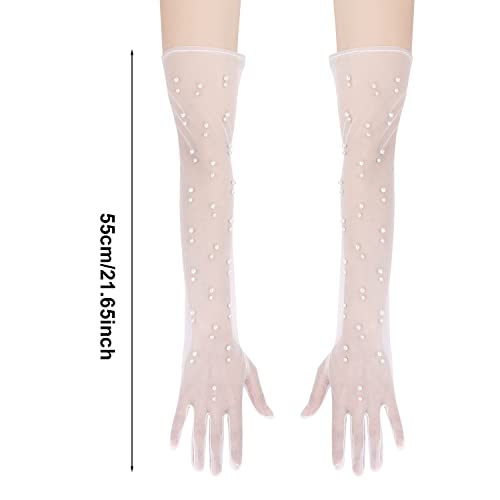 1 Pair Pearl Wedding Gloves - Elegant Long Tulle Bridal White Lace for Brides, Girls, Women2