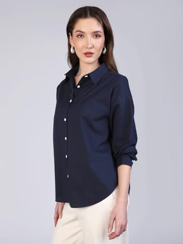 Image of Urbano Fashion Women's Cotton Full Sleeve Oversized Fit Casual Solid Slub Shirt with Spread Collar