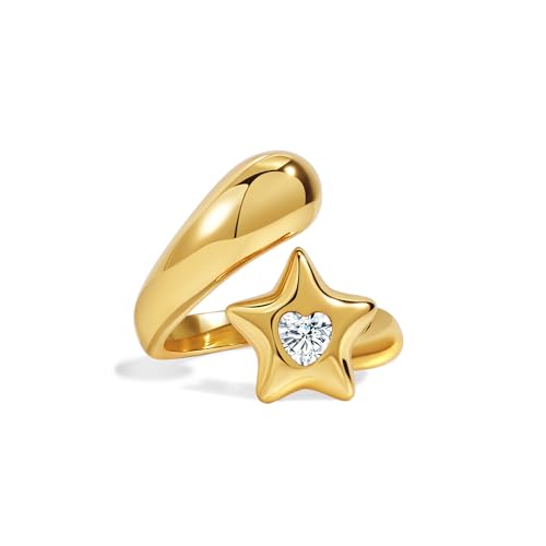 Chunky Gold Rings for Women Stainless Steel Non Tarnish Star&Heart Cubic Zirconia Teardrop Ring 18K Gold Plated Statement Dome Rings Stackable Jewelry for Women