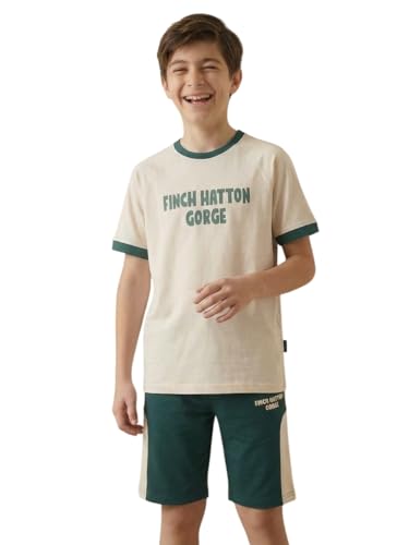 Image of Li'l Tomatoes Boys 100% Cotton Night Suit Set | Half Sleeve T-Shirt & Shorts | Color Block & Typography Print | Soft & Breathable Sleepwear | Casual Summer Wear | 9-16 Years
