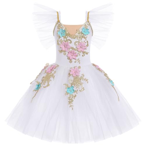 Ballerina Girl Dance Outfits Ruffle Sleeve Flower Ballet Dress Toddler Gymnastics Leotard Maxi Tulle Tutu Kids Swan Lake Halloween Christmas Dresses Teen Girl Ballet Dance Outfits White 4-5 Years