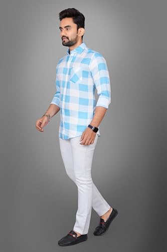 Image of Voroxy Men's Casual Checks Shirt with Pockets Cotton Blend Stylish Branded Checkered Pattern Formal Shirt & Regular Fit Full Sleeves and Spread Collar Style