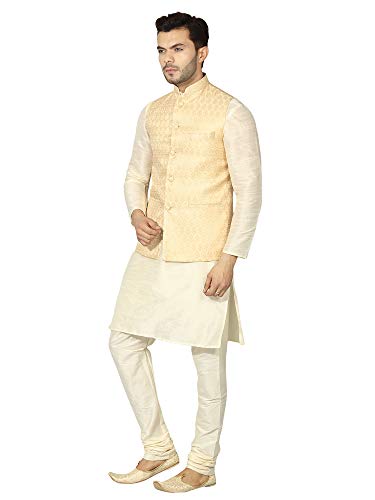 Image of Uri and MacKenzie Men's Silk Blend Regular Kurta Churidar Pyjama with Bundi Nehru Jacket /Waistcoat