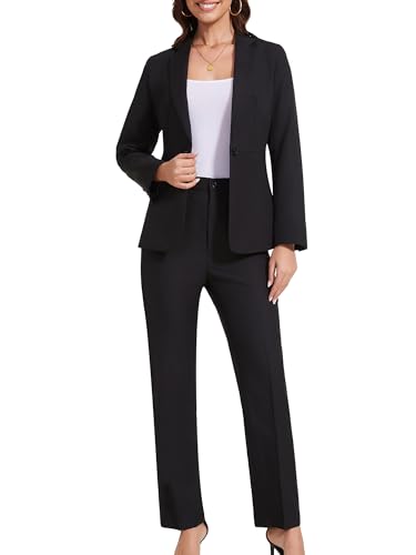 Women's 2 Piece Suit One Button Slim Fit Linen Casual Blazers Office Work Formal Blazer Suit Pants Set Black2