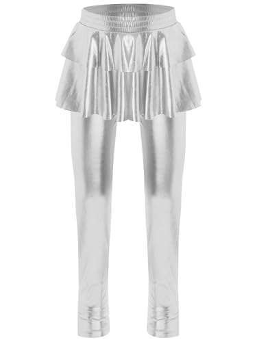 Kids Girls Metallic Leggings with Ruffle Skirt Shiny Tutu Pantskirt Tights Stretchy Pants Slim Fit Culottes3