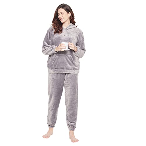 Image of CAMEY Women Winter Full Sleeve Top and Pajama Pants Regular Fit Night Suit Hooded Top and Pyjama Set Ladies Night Dress (Free Size, Grey)