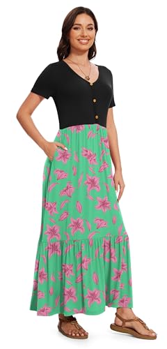 Image of VIISHOW Women's Short Sleeve Maxi Dress 2026 Summer V Neck Knit Loose Plain Empire Waist Casual Dresses with Pockets