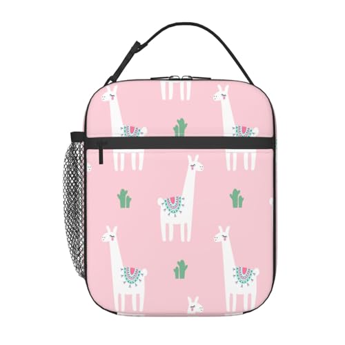 ポータブル断熱ランチバッグ。防水性と漏れ防止性を備え、スタイリッシュで丈夫。仕事、学校、アウトドア活動に最適です。男女兼用です。(ピンクの赤ちゃん動物の子供に描かれたアルパカサボテンのかわいい模様-01)