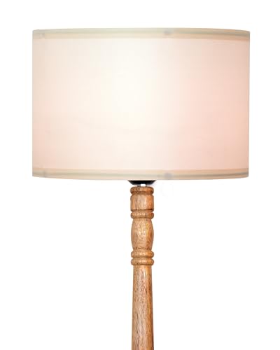 Image of Homesake Mid Century Modern Floor Lamp for Living Room | Hand Turned | Corner Lamp for Living Room, Stand Lamp with Fabric Lampshade for Bedroom, Study Room and Office, KD Off-White Drum