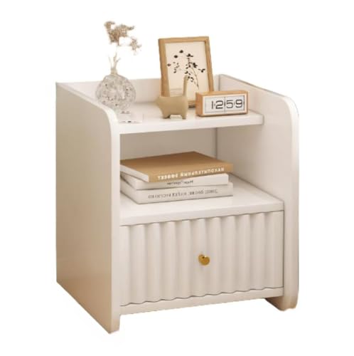 ベッドサイドテーブル ホワイト ナイトスタンド 引き出し付き モダン ミニマリスト ベッドサイド テーブル 収納キャビネット 無垢材 エンド 寝室 リビングルーム用 ナイトテーブル (シングル引き出し,ウォームホワイト)