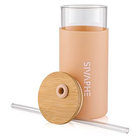 Sivaphe Glass Tumbler with Bamboo Lid, Glass Water Bottle with Silicone Protective Sleeve and Straw for Hot and Cold Drinks, 20oz/550ml, BPA-Free for Indoor and Outdoor (Amber) Cover