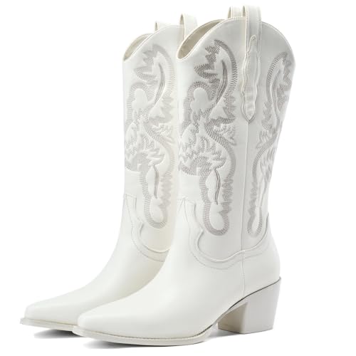 Image of GOSERCE Cowboy Boots for Women - Metallic Mid Calf Cowgirl Boots with Embroidery Sparkly Western Wide Calf Short Boots Fashion Pull on Pointy Toe Chunky Stacked Heel 2.5 inch