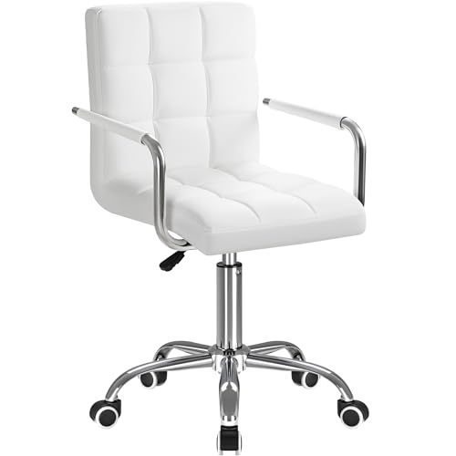 Furmax Vanity Office Chair with Wheels, Makeup PU Leather Executive Chair Modern Adjustable Home Desk Retro Comfortable Work Chair 360 Degree Swivel with Arms (White)