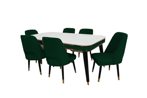 Image of WOODEN SPACE 6-Seater Wooden Dining Table Set | Nano Composite Marble Top | Solid Wood Base | Modern Dining Room Furniture with 6 Chairs (Dark Green Vintage)