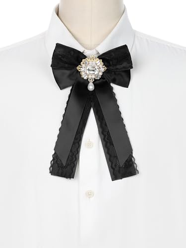 Image of Women's Black Lace Trimmed Ribbon Bowtie with Rhinestone Pre-tied Necktie