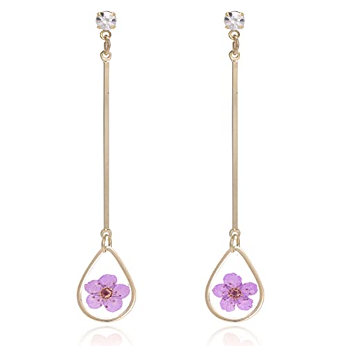 BONALUNA Pressed Flower Yellow Gold Plated Tear Dangle With Cubic Zirconia Titanium Post Back Earrings