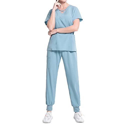Short Sleeved Solid Color Nurse Uniforms V Neck Tops + Jogging Pants Scrubs Sets Spa Uniforms Unisex Anesthetist Working Uniform (Light Blue,XL,X-Large)