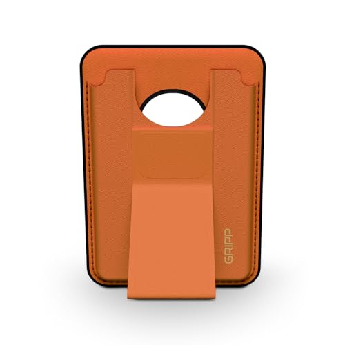 Image of GRIPP Mag Pocket Stand Wallet Card Holder Compatible with Mag-Safe for iPhone 17 /16 /15 /14 /13 /12 Series & All Mag-Safe Phone Cases, Built-in Stand, Premium Leather, Strong Magnetic Alignment - Orange