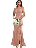 MYDRESS Chiffon Dusty Rose Bridesmaid Dresses for Wedding Ruffled Long Sheath Spaghetti Strap Ruched Bridesmaid Dresses with Slit Size 10