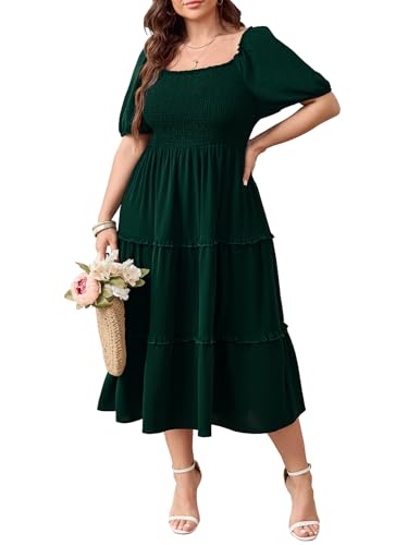 Image of Women's Plus Size Wedding Guest Dress Midi Smocked Square Neck Short Sleeve Tiered Ruffle Casual Dresses