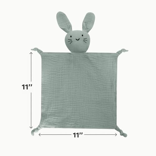 Image of Green Bunny Organic Cotton Muslin Lovey Security Blanket for Newborns | Soft Muslin Comfort, Easy Grip Design, Self-Soothing Support, Baby Shower Gifts