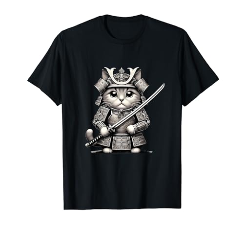 Samurai Cat T-shirt japonesa samurai ninja cat, Preto, S