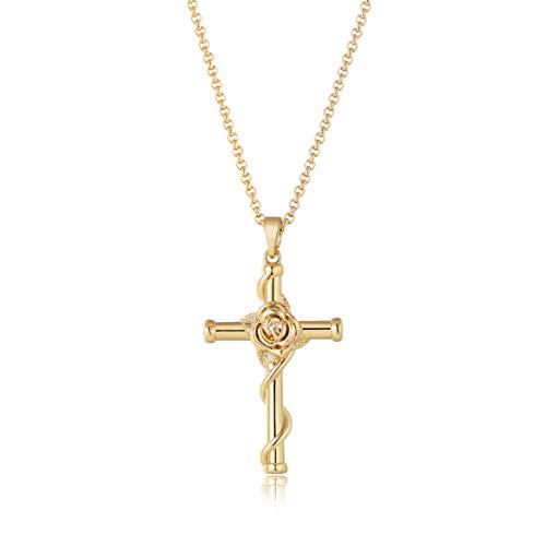 Befettly Gold Rose Cross Necklace, Women 14k Gold Filled Polished Faith Necklace Dainty Christian Pendant Necklace Crucifix Cute Necklace