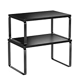Simple Trending Cabinet Organizer Shelf, Set of 2 Stackable Kitchen Counter Shelves, Expandable Spice Rack Kitchen Storage Riser, Metal Engineered Wood, Black