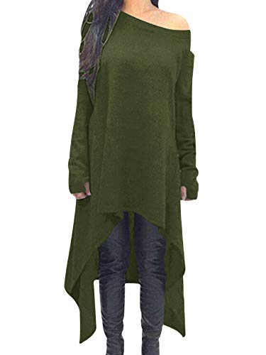 ZANZEA Damen Unregelmäßige Strick Oversize Langarm Pullikleid Longshirt Top Minikleid Armeegrün XX-Large Cover