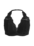 OYOANGLE Women's Plus Size Floral Lace Halter Bralette Scallop Trim Wireless Bra Black 1XL