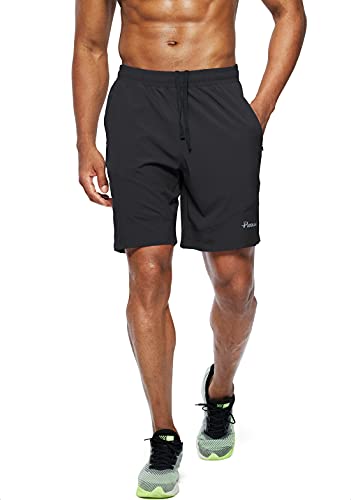 Pudolla Short masculino para treino, corrida, leve, academia, atlético, com bolsos com zíper, Preto,