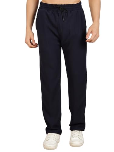 Image of Men's Regular Fit Textured Trousers with Elastic Waistband & Drawstring Closure - Casual & Smart Everyday Pants