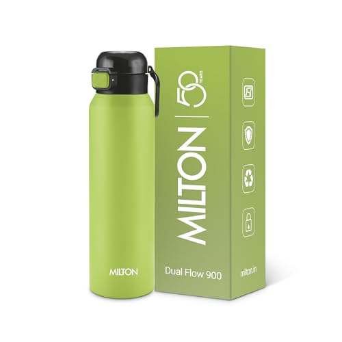 Image of Milton Dual Flow 900 Thermosteel Water Bottle 900 ml with One Touch Safety Lock & Twin Lid Sip or Gulp,Long Hours Hot & Cold,Leak Proof,ISI Certified,Vacuum Insulated,for Office,Gym,School,Neon Green