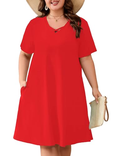 AusLook Plus Size Midi Dress for Women Red 3X Short Sleeve V Neck Criss Cross A Line Summer Casual Vacation Dress T-Shirt 2026 Sundresses with Pockets