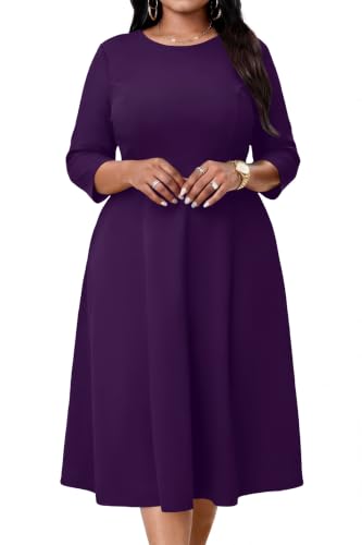 Image of Runwind Women's Plus Size Midi Dress Classy High Waist Wedding Guest Dress Casual Crew Neck 3 /4 Sleeve A-Line Swing Dresses