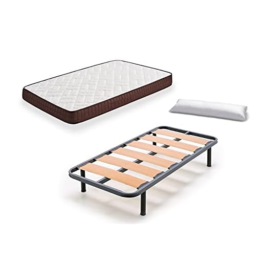 HOGAR24 ES Cama Completa - Colchón Viscobrown Reversible + Somier Lama Ancha + 4 Patas de 26cm + Almohada de Fibra, 90x180 cm