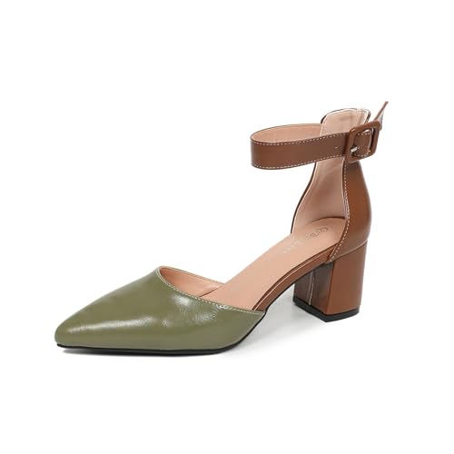 Womens Leather Dressy Ankle Strap Block Heels Pointed Closed Toe D'Orsay Pumps Shoes for Women Evening Party Office Comfortable Low Chunky Heels Two Tone