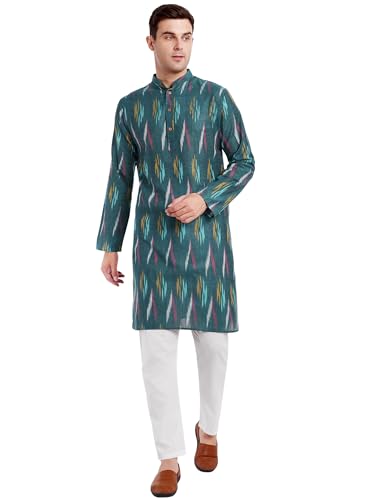 Image of SKAVIJ Men's Pure Cotton Printed Kurta Pajama Set Ikat Design Casual Ethnic Dress