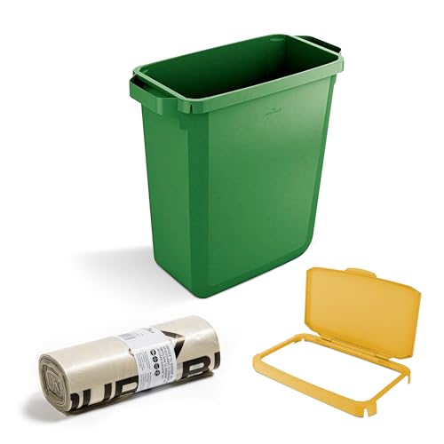 DURABIN - Cubo de basura rectangular verde de 60 litros y tapa con bisagras amarillas y 25 bolsas ecológicas de plástico reciclado de 110 L con asas de fácil transporte para recogida de basura en