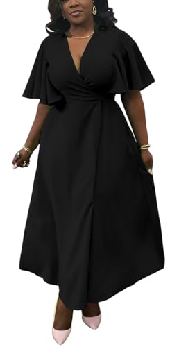Image of Summer Dresses for Women Semi-Formal Fit Casual Short Ruffle Sleeve V Neck Elegant Swing Split Long Maxi Dresses